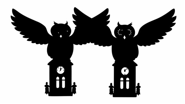 Giant owl silhouettes nesting on clock towers with spread wings symbolizing time and wisdom in a dramatic gothic inspired scene