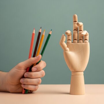 A human hand holds pencils opposite a wooden hand's rude gesture