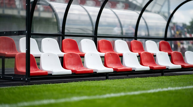 Empty stadium seats in a row, waiting for the next match to begin, highlighting the anticipation of a sporting event
