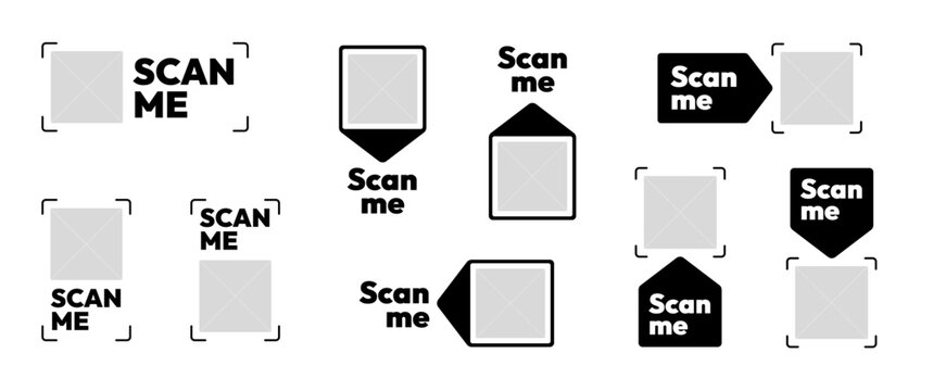 Modern QR code sticker paper set. Quick scan smartphone digital payment barcode square border template illustration. Mobile app retail business telephone id card sign badge mockup.