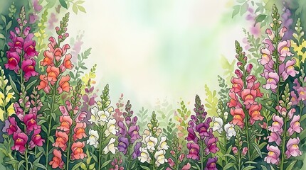 Obraz premium Watercolor snapdragon flowers in pink, purple, orange and white frame a soft green background, perfect for cards and prints.