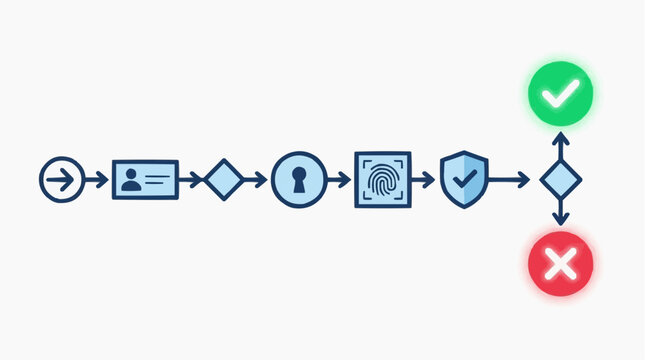 Digital identity verification process flowchart with icons for entry, ID, security, fingerprint, shield, and decision points