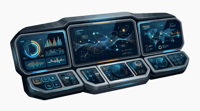 Futuristic control panel with multiple screens displaying data graphs world map and network connections