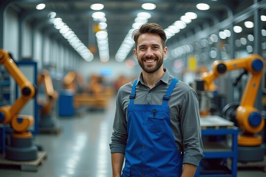 Happy Warehouse Worker Surrounded by High-Tech Car Factory Equipment and Robots