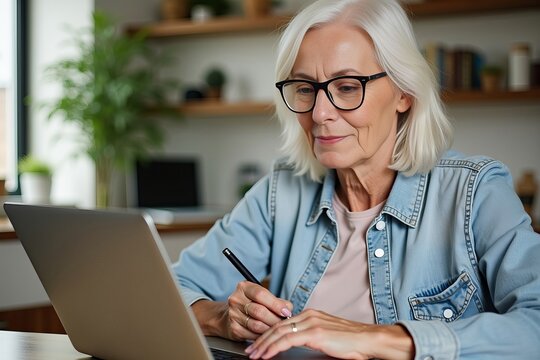 Elderlywoman completing an online survey from the comfort of her home using a laptop.