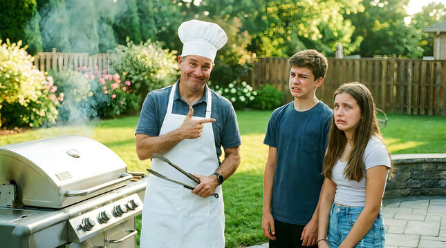 Chef dad grilling at backyard barbecue telling funny dad jokes to teens