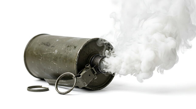 Grenade exploding and producing dense white smoke on a white background