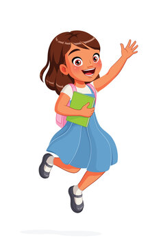 Happy Indian elementary school girl student jumping and waving hand with a book and backpack. Cartoon vector illustration.