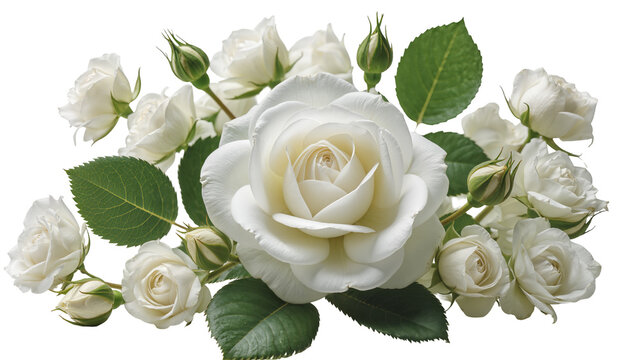 White roses and buds arrangement with green leaves