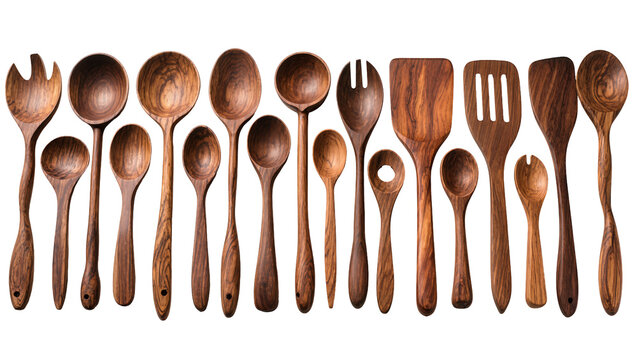 Collection of wooden kitchen utensils and serving spoons