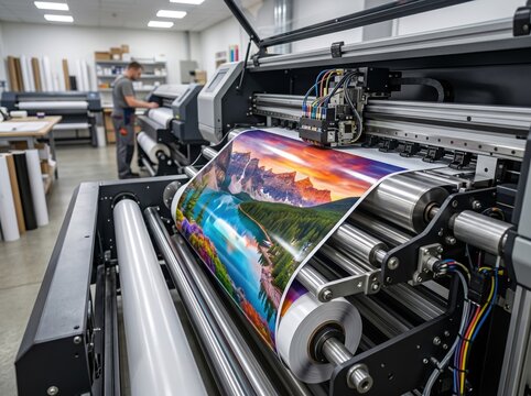Large-format printer outputs a vibrant landscape poster on glossy roll paper; ink heads and metal rollers in view. Technician works in a bright print workshop