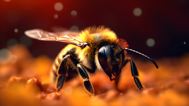 A bee with a yellow and black body, black legs, and a long, thin, black antenna, standing on a red and orange surface with a blurred background.