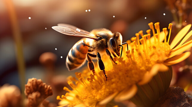 A bee on a yellow flower in a garden with blurred background