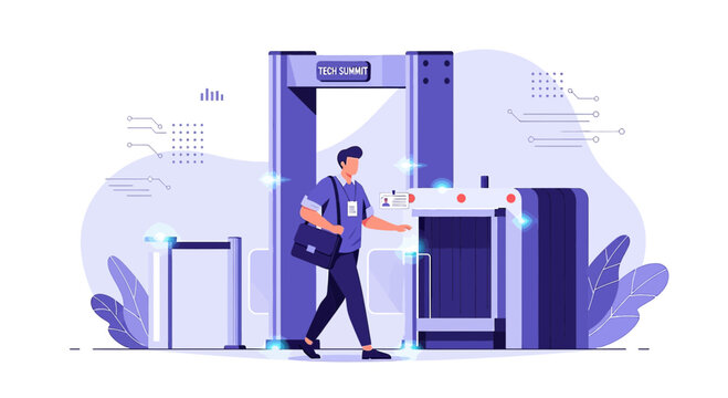 Man walks through security scanner gate for safety and access control