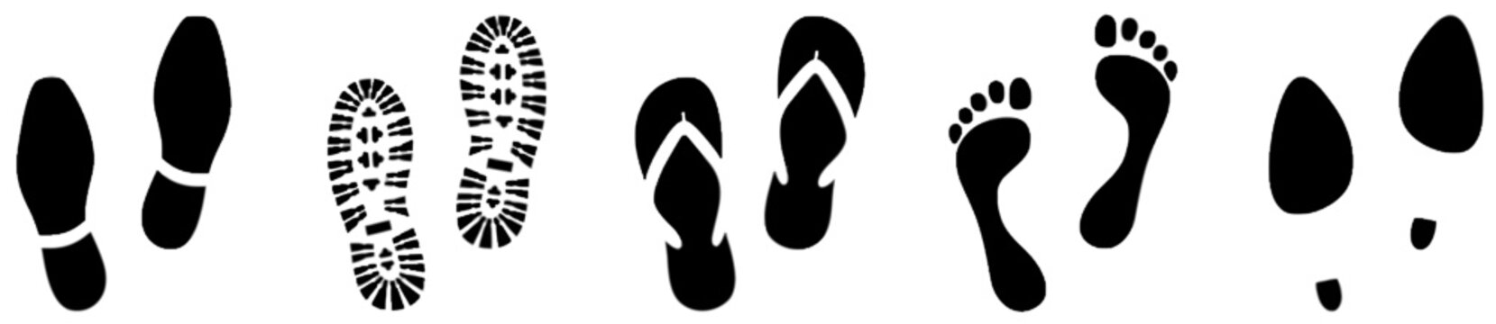 Footprints collection with boots, flip-flops and bare feet