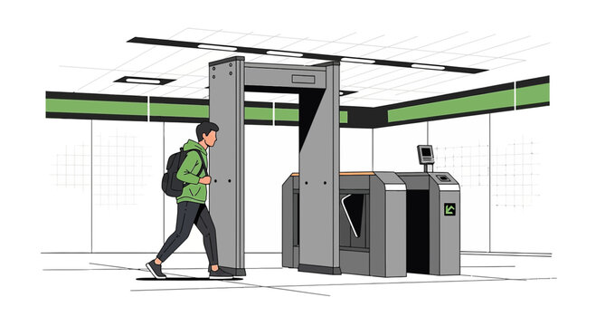Man with backpack passes through subway security gate and turnstile