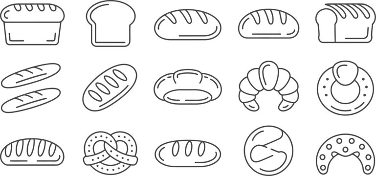 bread icon collection bakery line art pastry symbols set