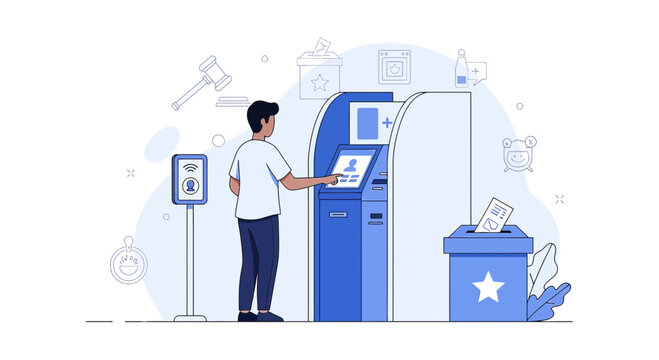 Man Voting at Digital Ballot Machine, Election Concept Illustration
