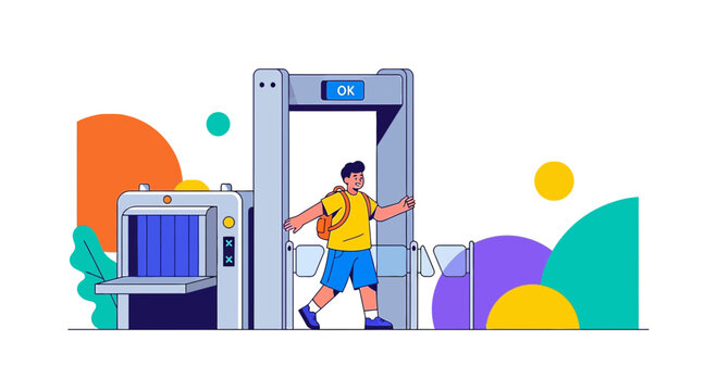 Man walking through airport security scanner and baggage x-ray machine