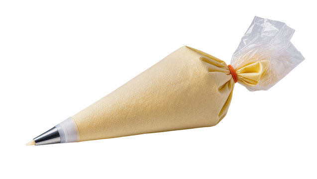 Pastry bag filled with yellow cream and metal tip