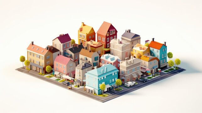 A colorful, detailed cityscape with various buildings, roads, and trees, set against a white background.