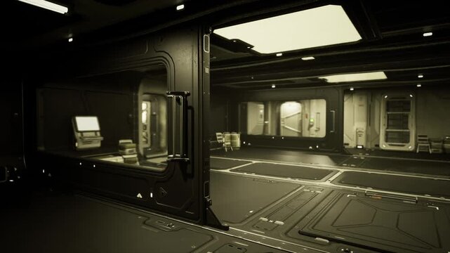 Empty space station lounge with chairs and windowed bulkhead, soft overhead lighting, modular seating rows, distant storage crates, glossy floor panels, transit