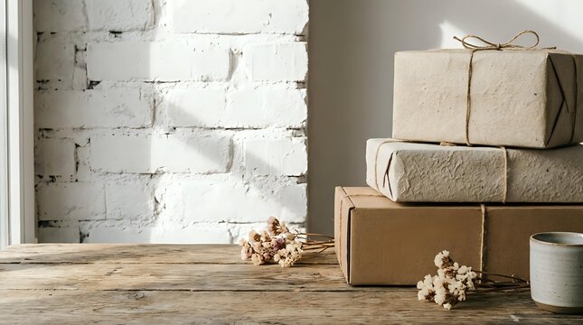 Stacked kraft paper gift boxes with twine bows on wooden table against white brick wall, decorated with dried flowers and white mug for holiday packaging and retail display.