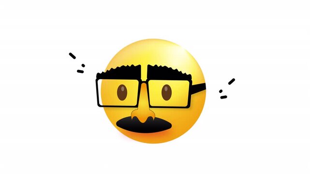 Yellow emoji face with thick black eyebrows, rectangular glasses, and dark mustache. Suitable for humor concepts, social media posts, and techrelated designs.