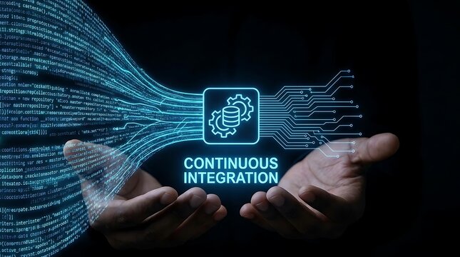 Continuous Integration Concept with Digital Data Flow and Hands.