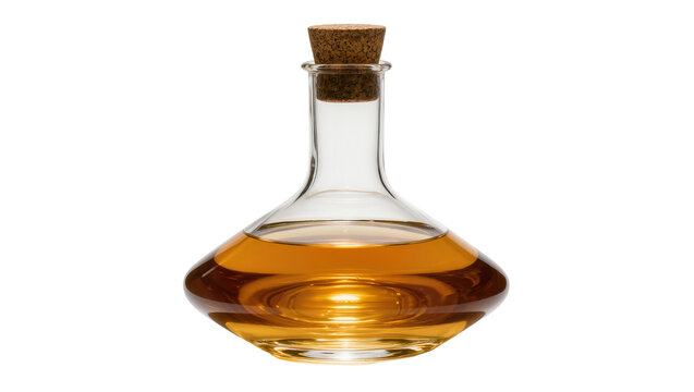 Glass decanter with amber liquid and cork stopper