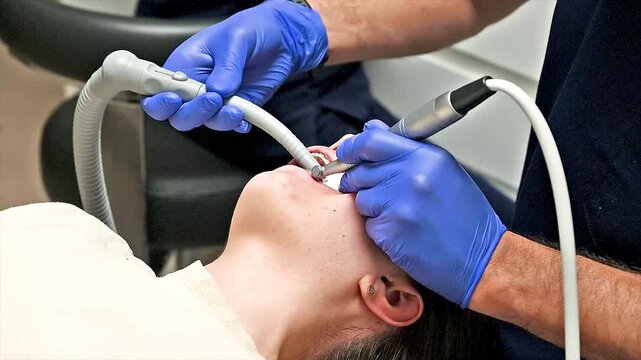 Orthodontist using suction tube and dental tool simultaneously in patient's open mouth during braces installation. Dental clinic setting.