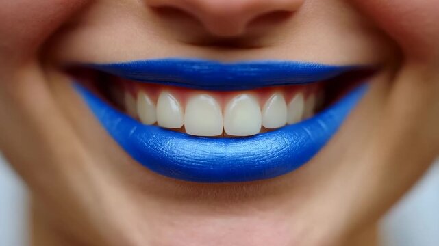 Close-up of a smiling woman with vibrant blue lipstick. Represents bold beauty choices and self-expression in cosmetics