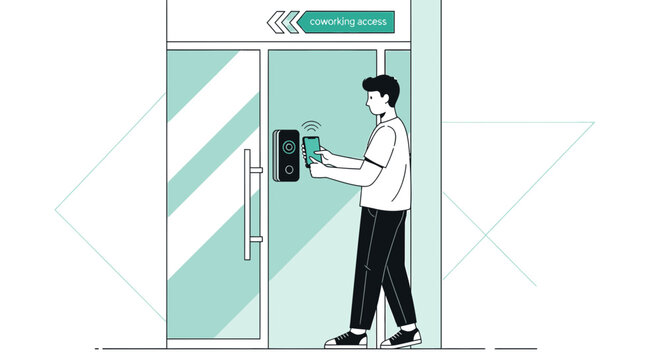 Man using mobile phone for access in modern coworking space entrance