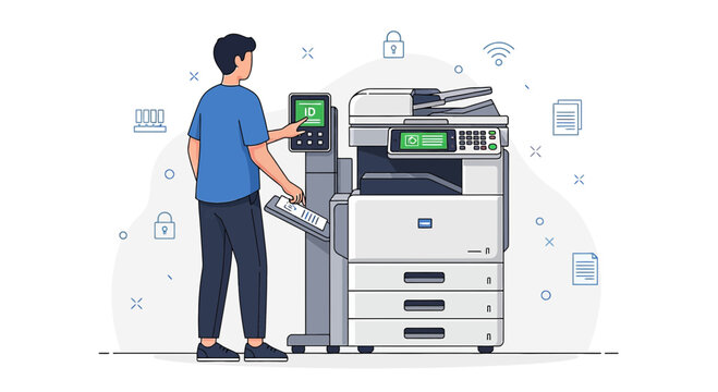Man using office copier, digital technology, workflow and office equipment concept