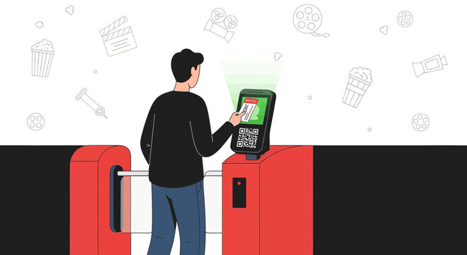 Man using QR code ticket on phone at cinema turnstile, movie icons background