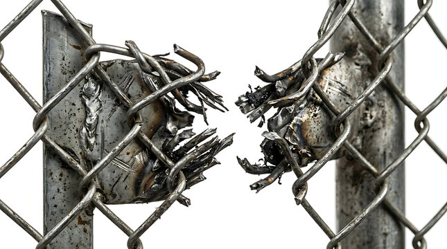 Torn Chain-Link Fence Section Showing Damage and Rust on White Background