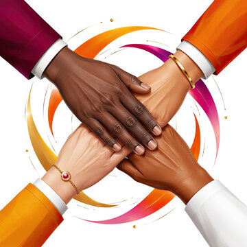 Diverse Hands Stacked Together Symbolizing Teamwork Unity Friendship and Global Collaboration, Generative AI