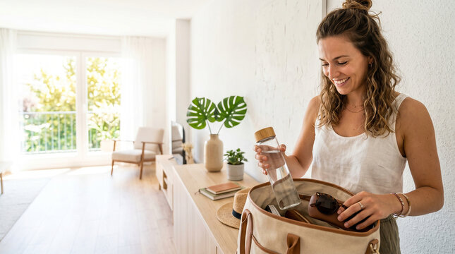 Portrait of smiling young woman packing travel bag in living room at home