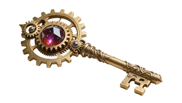 Steampunk ornate key with gears and purple gem