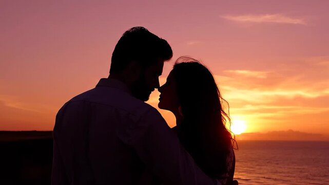 Silhouette of a couple standing by the ocean at sunset. Man and woman embracing and looking at each other against a colorful evening sky. Romantic relationship concept