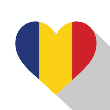 Romania or Chad flag in heart shape icon with long shadow. Vector tricolor national symbol with blue, yellow, and red vertical stripes isolated on white background.