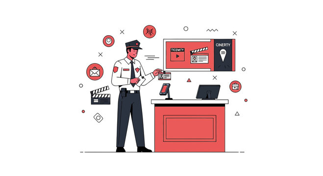 Cinema security guard checking movie tickets at box office