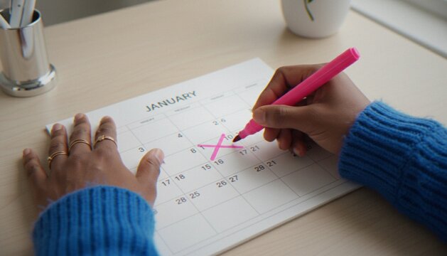 A person wearing a blue sweater marking a date on a January calendar with a bright pink marker.