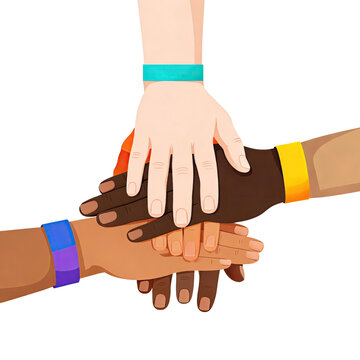 Diverse Hands Stacked Together Symbolizing Teamwork Unity Friendship and Global Collaboration, Generative AI