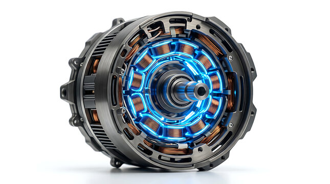 Isolated electric motor internal structure with blue glowing components on white background