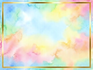 Fototapeta premium Pastel rainbow watercolor background with golden frame, soft colorful washes in pink, blue, yellow and green for cards and invitations.