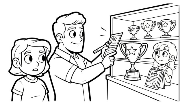 Father and daughter admiring trophy display case together.