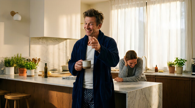 Dad in bathrobe holding coffee cup telling funny dad jokes in kitchen