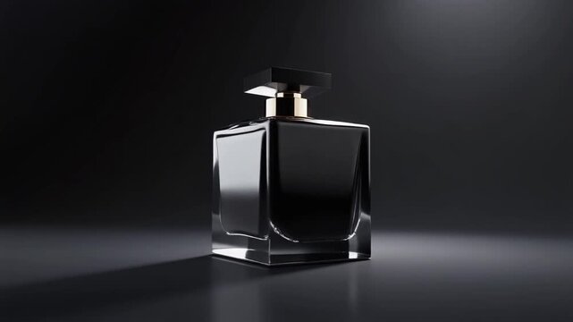 Premium perfume box in glossy black, slow cinematic 360-degree rotation, dramatic soft spotlight from top, subtle floor reflection, deep dark gradient background