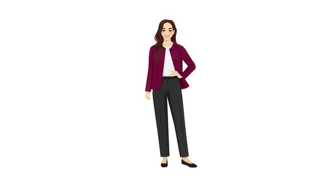 Loopable 2D vector animation of a businesswoman with subtle idle motion, including swaying, blinking, and small head, hair, and arm movements on white background